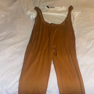 Fashion Nova white tee shirt and brown jumper set